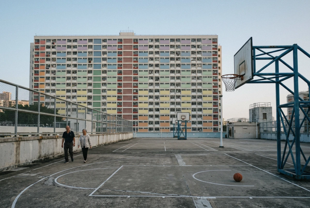 Rainbow-painted facade above the rooftop basketball courts at Choi Hung Estate during a Hong Kong photoshoot