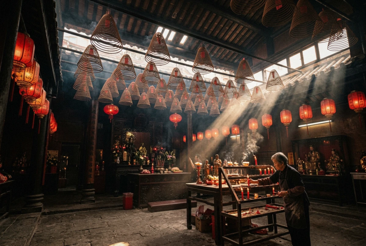 Incense coils hanging inside Man Mo Temple on Hollywood Road during a heritage Hong Kong photoshoot