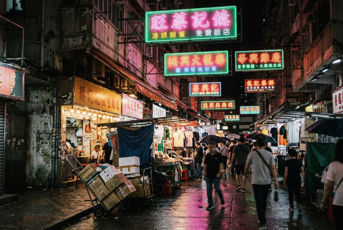 Cantilevered neon signs above a crowded Mong Kok street at night during a Hong Kong photoshoot in Kowloon