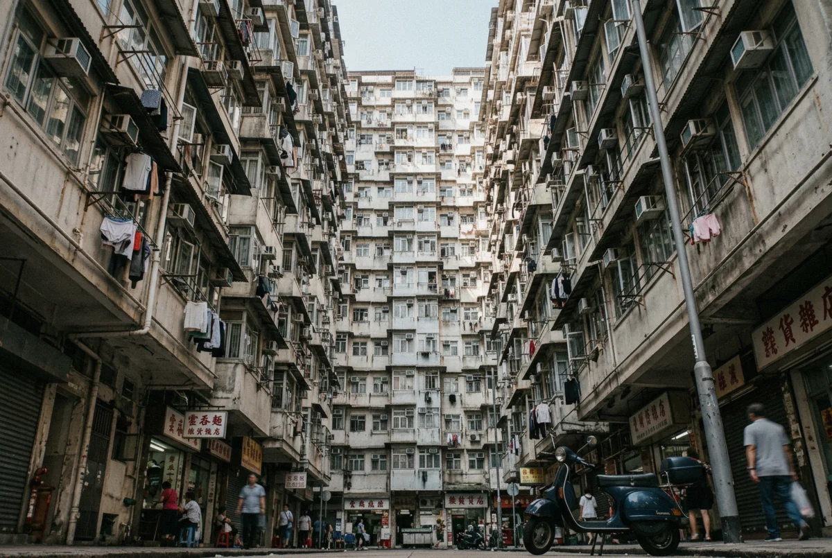 Densely stacked balconies of the Monster Building in Quarry Bay photographed from the street on a Hong Kong photoshoot