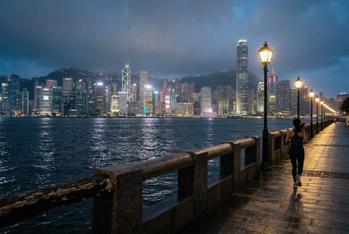 Victoria Harbour skyline seen from the Tsim Sha Tsui promenade at blue hour, the classic Hong Kong photoshoot backdrop