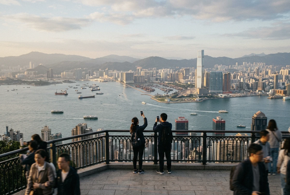 Panorama of Victoria Harbour and Kowloon seen from Victoria Peak at dusk during a Hong Kong photo tour