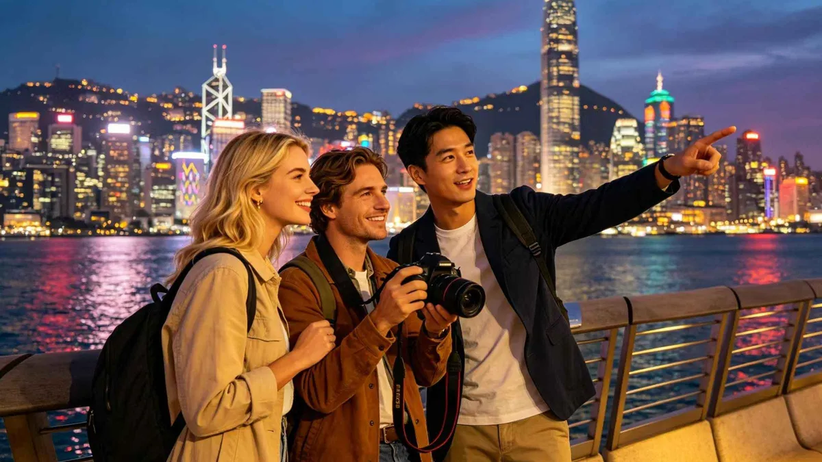 Guide photographing visitors on the Avenue of Stars with the Victoria Harbour skyline behind them in Hong Kong